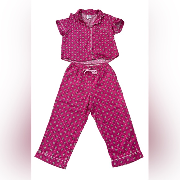 Joyspun Other - Joyspun Pink Geometric Short Sleeve Cropped Pant Tie Waist Pajama Set Size Small